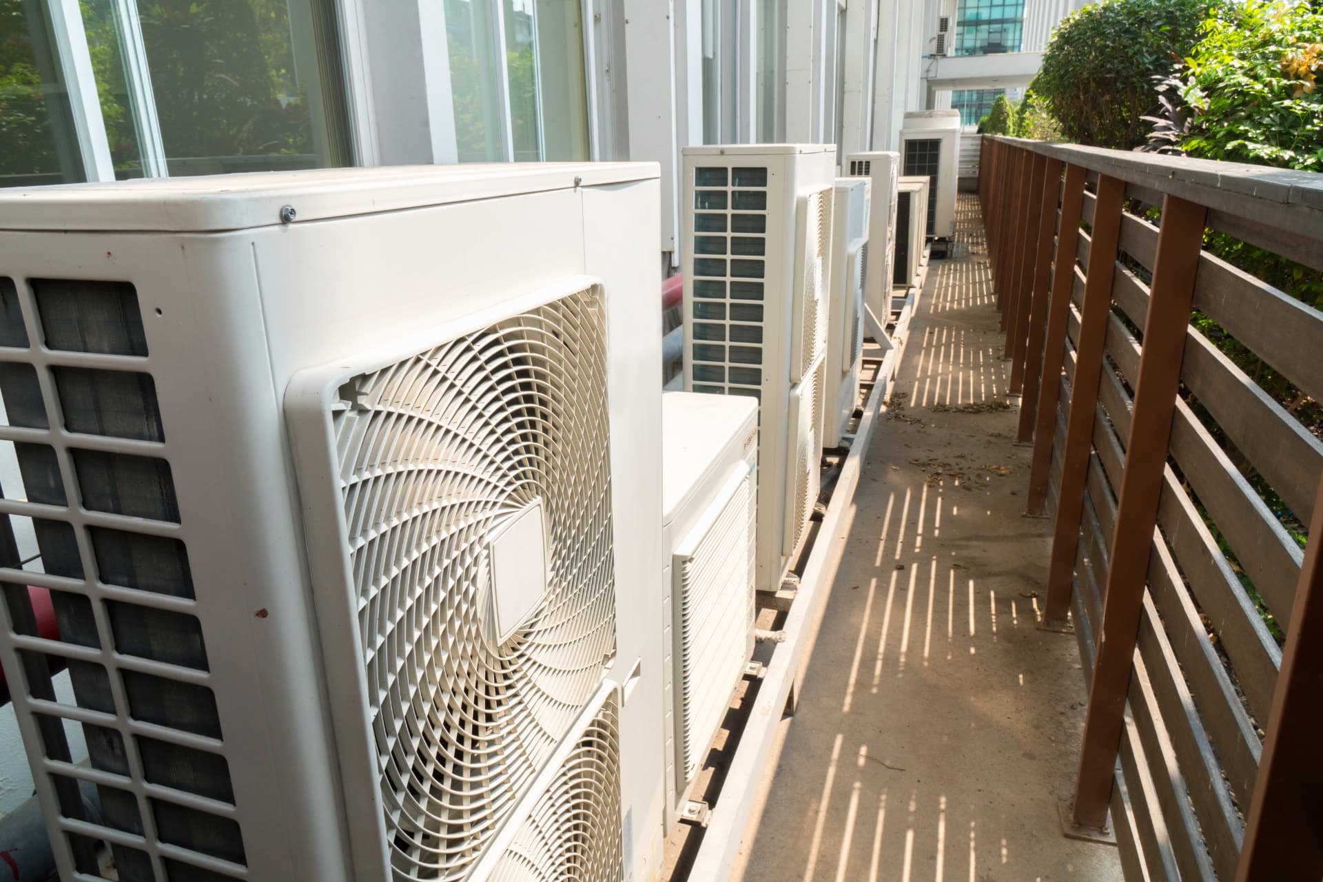 Outdoor air conditioning units alongside a building