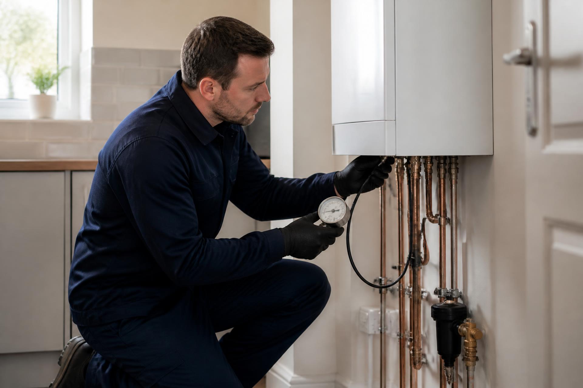 Engineer checking pressure on a wall-mounted boiler